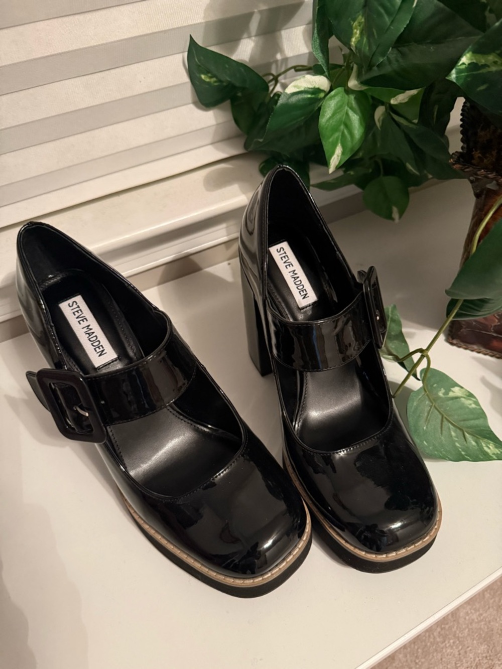 Steve Madden Black Patent Mary Jane Block Heels with Buckle